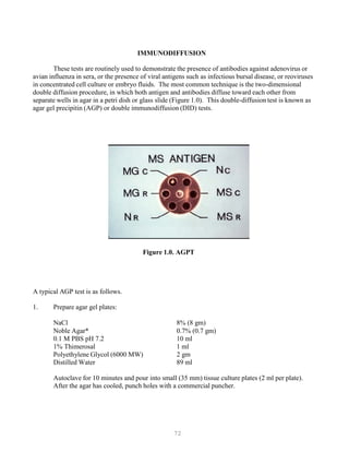 72
IMMUNODIFFUSION
These tests are routinely used to demonstrate the presence of antibodies against adenovirus or
avian influenza in sera, or the presence of viral antigens such as infectious bursal disease, or reoviruses
in concentrated cell culture or embryo fluids. The most common technique is the two-dimensional
double diffusion procedure, in which both antigen and antibodies diffuse toward each other from
separate wells in agar in a petri dish or glass slide (Figure 1.0). This double-diffusion test is known as
agar gel precipitin (AGP) or double immunodiffusion (DID) tests.
Figure 1.0. AGPT
A typical AGP test is as follows.
1. Prepare agar gel plates:
NaCl 8% (8 gm)
Noble Agar* 0.7% (0.7 gm)
0.1 M PBS pH 7.2 10 ml
1% Thimerosal 1 ml
Polyethylene Glycol (6000 MW) 2 gm
Distilled Water 89 ml
Autoclave for 10 minutes and pour into small (35 mm) tissue culture plates (2 ml per plate).
After the agar has cooled, punch holes with a commercial puncher.
 