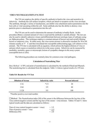 85
VIRUS NEUTRALIZATION (VN) TEST
The VN test employs the ability of specific antibody to bind to the virus and neutralize its
infectivity. Antibody has cell surface receptors, which can attach to receptors on the virus envelope.
The antibody, through a variety of mechanisms, can inhibit virus attachment and/or penetration into the
host cells or viral uncoating within the cell. Some antibody also has the ability to destroy virus
particles prior to attachment or penetration into the cell.
The VN test can be used to determine the amount of antibody in bodily fluids. In this
procedure (Beta) a constant amount of virus is used and the antibody is serially diluted. The test can
also be used to identify unknown viruses and differentiate between serologic types of subtypes using
an Alpha procedure. This technique employs a constant amount of known sera and serially diluting
known or unknown virus. In either assay, the virus-serum mixture is allowed to incubate for 30 to 60
minutes usually at 37 C and then inoculated into susceptible embryonating eggs, cell cultures or live
animals. The VN titer is calculated with an equation, which utilizes the highest dilution of virus or
antisera which causes or neutralizes infectivity in the assay system. Infectivity can be measured by
morbidity, mortality, gases or microscopic lesions of cytopathic changes in the assay system
(susceptible host or cells).
The following procedures are routinely done for common avian viral pathogens.
Calculation of Neutralizing Titer
Beta Method: A 50% end point of neutralization is calculated by the method of Reed and Muench.
The neutralizing titer is calculated from the endpoint. Table 1.4 shows typical results of a VN test.
Table 5.0 Results for VN Test
Dilution of Serum Infectivity ratio Percent infected
1/16 *1/5 20
1/64 3/5 60
1/128 5/5 100
*Number positive over total number
Method: The Neutralization index (NI) of the serum is the difference between the log titer of the
virus control (negative serum) and the log titer of the serum—virus mixture. Tables 5.0 and 5.1 show
typical results and the data are calculated as follows:
Titer of virus control (negative serum + virus) = 3.5
Titer of positive serum + virus = U-1.5U
Difference (NI) = 2.0
 