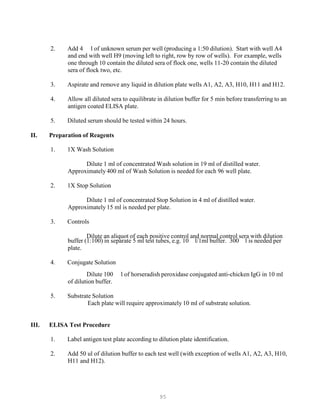 95
2. Add 4 l of unknown serum per well (producing a 1:50 dilution). Start with well A4
and end with well H9 (moving left to right, row by row of wells). For example, wells
one through 10 contain the diluted sera of flock one, wells 11-20 contain the diluted
sera of flock two, etc.
3. Aspirate and remove any liquid in dilution plate wells A1, A2, A3, H10, H11 and H12.
4. Allow all diluted sera to equilibrate in dilution buffer for 5 min before transferring to an
antigen coated ELISA plate.
5. Diluted serum should be tested within 24 hours.
II. Preparation of Reagents
1. 1X Wash Solution
Dilute 1 ml of concentrated Wash solution in 19 ml of distilled water.
Approximately 400 ml of Wash Solution is needed for each 96 well plate.
2. 1X Stop Solution
Dilute 1 ml of concentrated Stop Solution in 4 ml of distilled water.
Approximately 15 ml is needed per plate.
3. Controls
Dilute an aliquot of each positive control and normal control sera with dilution
buffer (1:100) in separate 5 ml test tubes, e.g. 10 l/1ml buffer. 300 l is needed per
plate.
4. Conjugate Solution
Dilute 100 l of horseradish peroxidase conjugated anti-chicken IgG in 10 ml
of dilution buffer.
5. Substrate Solution
Each plate will require approximately 10 ml of substrate solution.
III. ELISA Test Procedure
1. Label antigen test plate according to dilution plate identification.
2. Add 50 ul of dilution buffer to each test well (with exception of wells A1, A2, A3, H10,
H11 and H12).
 