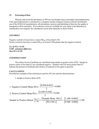 97
IV. Processing of Data
Measure and record the absorbance at 490 nm wavelength using a microplate spectrophotometer.
If the spectrophotometer is interfaced to a computer and the computer contains software furnished by
one of the ELISA kit manufacturers, all calculations, analysis and tabulating of data into bar graphs or
histograms will be automatic. If no software or kits are available for your needs or the laboratory is
making their own reagents, the calculations can be done manually as shown below.
CONTROLS
Negative controls (2) must have a mean ODB
490B of less than 0.150.
Positive controls must have a mean ODB
490B of at least 0.200 greater than the negative controls.
Ex. If NCx= 0.120
0.200 minimum difference
then PCx=0.320
INTERPRETATION
The relative levels of antibody are calculated using sample to positive ratios (S/P). Sample to
positive ratios of less than 0.2 are considered negative. Samples with S/P ratios greater than 0.2
indicate the presence of antibody and a history of exposure to the agent in question.
CALCULATIONS
Provided are examples of the calculations used for S/P ratio and titer determinations.
3. Sample to Positive Ratio (S/P)
1. Negative Control Mean NCx=
(0.058-0.062)
2
= 0.060
2. Postive Control Mean PCx=
(0.580+0.540)
2
= 0.560
Sample to Positive Ration (S )=
(Sample Mean -NCx) =
(1.100 −0.060) = 2.08
P (PCx-NCx) (0.560 − 0.060)
 