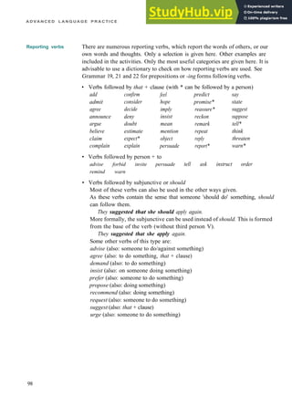 A D V A N C E D L A N G U A G E P R A C T I C E
Reporting verbs There are numerous reporting verbs, which report the words of others, or our
own words and thoughts. Only a selection is given here. Other examples are
included in the activities. Only the most useful categories are given here. It is
advisable to use a dictionary to check on how reporting verbs are used. See
Grammar 19, 21 and 22 for prepositions or -ing forms following verbs.
• Verbs followed by that + clause (with * can be followed by a person)
add
admit
agree
announce
argue
believe
claim
complain
confirm
consider
decide
deny
doubt
estimate
expect*
explain
feel
hope
imply
insist
mean
mention
object
persuade
predict
promise*
reassure*
reckon
remark
repeat
reply
report*
say
state
suggest
suppose
tell*
think
threaten
warn*
• Verbs followed by person + to
advise forbid invite persuade
remind warn
tell ask instruct order
• Verbs followed by subjunctive or should
Most of these verbs can also be used in the other ways given.
As these verbs contain the sense that someone 'should do' something, should
can follow them.
They suggested that she should apply again.
More formally, the subjunctive can be used instead of should. This is formed
from the base of the verb (without third person V).
They suggested that she apply again.
Some other verbs of this type are:
advise (also: someone to do/against something)
agree (also: to do something, that + clause)
demand (also: to do something)
insist (also: on someone doing something)
prefer (also: someone to do something)
propose (also: doing something)
recommend (also: doing something)
request (also: someone to do something)
suggest (also: that + clause)
urge (also: someone to do something)
98
 