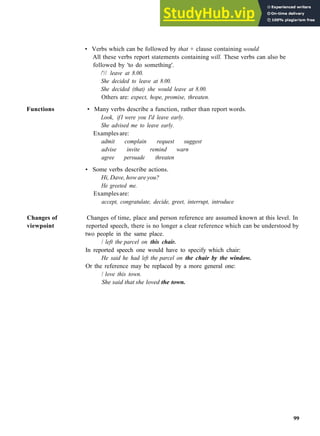 G R A M M A R 16 R E P O R T E D SPEECH
• Verbs which can be followed by that + clause containing would
All these verbs report statements containing will. These verbs can also be
followed by 'to do something'.
/'// leave at 8.00.
She decided to leave at 8.00.
She decided (that) she would leave at 8.00.
Others are: expect, hope, promise, threaten.
Functions • Many verbs describe a function, rather than report words.
Look, ifI were you I'd leave early.
She advised me to leave early.
Examples are:
admit complain request suggest
advise invite remind warn
agree persuade threaten
• Some verbs describe actions.
Hi, Dave, how are you?
He greeted me.
Examplesare:
accept, congratulate, decide, greet, interrupt, introduce
Changes of Changes of time, place and person reference are assumed known at this level. In
viewpoint reported speech, there is no longer a clear reference which can be understood by
two people in the same place.
/ left the parcel on this chair.
In reported speech one would have to specify which chair:
He said he had left the parcel on the chair by the window.
Or the reference may be replaced by a more general one:
/ love this town.
She said that she loved the town.
99
 