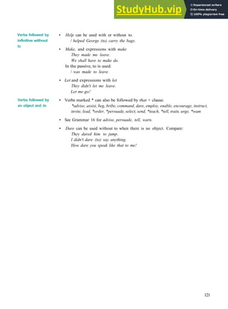 G R A M M A R 19 V E R B S + INFINITIVE OR INC
Verbs followed by
infinitive without
to
Verbs followed by
an object and to
• Help can be used with or without to.
/ helped George (to) carry the bags.
• Make, and expressions with make
They made me leave.
We shall have to make do.
In the passive, to is used.
/ was made to leave.
• Let and expressions with let
They didn't let me leave.
Let me go!
• Verbs marked * can also be followed by that + clause.
*advise, assist, beg, bribe, command, dare, employ, enable, encourage, instruct,
invite, lead, *order, *persuade, select, send, *teach, *tell, train, urge, *wam
• See Grammar 16 for advise, persuade, tell, warn.
• Dare can be used without to when there is no object. Compare:
They dared him to jump.
I didn't dare (to) say anything.
How dare you speak like that to me!
121
 