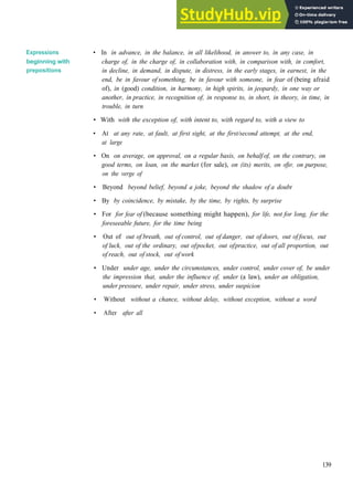 G R A M M A R 22 P R E P O S I T I O N S
Expressions
beginning with
prepositions
• In in advance, in the balance, in all likelihood, in answer to, in any case, in
charge of, in the charge of, in collaboration with, in comparison with, in comfort,
in decline, in demand, in dispute, in distress, in the early stages, in earnest, in the
end, be in favour of something, be in favour with someone, in fear of (being afraid
of), in (good) condition, in harmony, in high spirits, in jeopardy, in one way or
another, in practice, in recognition of, in response to, in short, in theory, in time, in
trouble, in turn
• With with the exception of, with intent to, with regard to, with a view to
• At at any rate, at fault, at first sight, at the first/second attempt, at the end,
at large
• On on average, on approval, on a regular basis, on behalf of, on the contrary, on
good terms, on loan, on the market (for sale), on (its) merits, on offer, on purpose,
on the verge of
• Beyond beyond belief, beyond a joke, beyond the shadow of a doubt
• By by coincidence, by mistake, by the time, by rights, by surprise
• For for fear of (because something might happen), for life, not for long, for the
foreseeable future, for the time being
• Out of out of breath, out of control, out of danger, out of doors, out of focus, out
of luck, out of the ordinary, out ofpocket, out ofpractice, out of all proportion, out
of reach, out of stock, out of work
• Under under age, under the circumstances, under control, under cover of, be under
the impression that, under the influence of, under (a law), under an obligation,
under pressure, under repair, under stress, under suspicion
• Without without a chance, without delay, without exception, without a word
• After after all
139
 