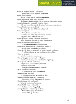 G R A M M A R 23 P H R A S A L V E R B S 1
Catch on (become popular ­ colloquial)
This new hair style is beginning to catch on.
Come about (happen)
Let me explain how the situation came about.
Come down to (be in the end a matter of)
It all conies down to whether you are prepared to accept less money.
Come in for (receive ­ especially criticism, blame)
The government has come in for a lot of criticism over the decision.
Come off (take place successfully)
I'm afraid that deal didn't come off after all.
Come out (appear)
All the flowers have come out.
When the news came out, everyone was shocked.
My photos didn't come out very well.
Come up (occur ­ usually a problem - colloquial)
Look, something has come up, and I can't meet you.
Come up against (meet a difficulty)
We've come up against a bit ofa problem.
Come up to (equal ­ especially expectations, standard)
The play didn't come up to expectations.
Come up with (think of ­ especially an answer, a plan, a solution)
We still haven't come up with a solution to the problem.
Count on (rely on)
Don't worry, you can count on me.
Crop up (happen unexpectedly ­ colloquial)
/ can't come to your party, something has cropped up.
Do away with (abolish ­ colloquial)
Dog licences have been done away with.
(murder ­ colloquial)
What if they do away with the old man?
Do up (decorate ­ colloquial)
We are having our living room done up.
Draw up (come to a stop)
A white sports car drew up outside the door.
Draw up (organise ­ especially a document)
The contract is being drawn up at the moment.
Drop in (pay a visit ­ colloquial)
Drop in any time you'repassing.
Drop off (fall asleep ­ colloquial)
The baby has just dropped off.
End up (finish in a certain way, or place)
We ended up staying there for lunch.
The car ended up in a ditch.
145
 