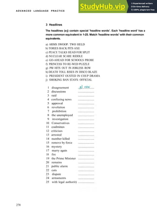 A D V A N C E D LANGUAGE PRACTICE
3 Headlines
The headlines (a-j) contain special 'headline words'. Each 'headline word' has a
more common equivalent in 1-25. Match 'headline words' with their common
equivalents.
a) ARMS SWOOP: TWO HELD
b) TORIES BACK PITS AXE
c) PEACE TALKS HEAD FOR SPLIT
d) NUCLEAR SCARE RIDDLE
e) GO­AHEAD FOR SCHOOLS PROBE
f) PRINCESS TO RE­WED PUZZLE
g) PM HITS OUT IN JOBLESS ROW
h) DEATH TOLL RISES IN DISCO BLAZE
i) PRESIDENT OUSTED IN COUP DRAMA
j) SMOKING BAN STAYS: OFFICIAL
1 disagreement
2 discussions
3 raid
4 confusing news
5 approval
6 revolution
7 prohibition
8 the unemployed
9 investigation
10 Conservatives
11 coalmines
12 criticises
13 arrested
14 number killed
15 remove by force
16 mystery
17 marry again
18 fire
19 the Prime Minister
20 remains
21 public alarm
22 cuts
23 dispute
24 armaments
25 with legal authorit)
278
 