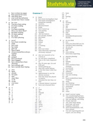 GRAMMAR A N S W E R S
5
6
7
8
f)
g)
h)
i)
i)
a)
b)
c)
d)
e)
f)
g)
h)
i)
i)
1)
2)
3)
4)
5)
6)
7)
8)
9)
10)
H)
12)
13)
14)
15)
a)
b)
c)
d)
e)
f)
g)
h)
i)
i)
a)
b)
c)
d)
e)
f)
g)
h)
i)
j)
have written ten pages
been married for more
seen Dick since
your work has definitely
second time I have visited
has risen
You have been eating
I've been reading
I've put
I've been counting
Have you taken them?
has been wearing
It's been making
has asked
I've been phoning
moved
have been wondering
made
have seen
has made
grew up
(have) spent
alwayswanted/havealways
wanted
offered
jumped
have just heard
have stopped
have chosen/have been
choosing
have already sold
have secretly been hoping
since
lately
already
for years
now
since then
so far
at last
ever since
yet
4
1
9
1
3
8
5
10
2
6
299
 