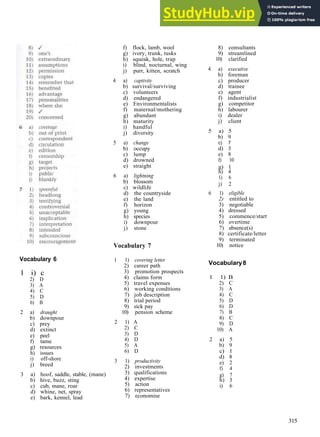 V O C A B U L A R Y A N S W E R S
Vocabulary 6
1 i) c
2) D
3) A
4) C
5) D
6) B
2 a) draught
b) downpour
c) prey
d) extinct
e) peel
f) tame
g) resources
h) issues
i) off­shore
j) breed
3 a) hoof, saddle, stable, (mane)
b) hive, buzz, sting
c) cub, mane, roar
d) whine, net, spray
e) bark, kennel, lead
f) flock, lamb, wool
g) ivory, trunk, tusks
h) squeak, hole, trap
i) blind, nocturnal, wing
j) purr, kitten, scratch
4 a) captivity
b) survival/surviving
c) volunteers
d) endangered
e) Environmentalists
f) maternal/mothering
g) abundant
h) maturity
i) handful
j) diversity
5 a) change
b) occupy
c) lump
d) drowned
e) straight
6 a) lightning
b) blossom
c) wildlife
d) the countryside
e) the land
f) horizon
g) young
h) species
i) downpour
j) stone
Vocabulary 7
1 1) covering letter
2) career path
3) promotion prospects
4) claims form
5) travel expenses
6) working conditions
7) job description
8) trial period
9) sick pay
10) pension scheme
2 1) A
2) C
3) D
4) D
5) A
6) D
3 1) productivity
2) investments
3) qualifications
4) expertise
5) action
6) representatives
7) economise
8) consultants
9) streamlined
10) clarified
4 a) executive
b) foreman
c) producer
d) trainee
e) agent
f) industrialist
g) competitor
h) labourer
i) dealer
j) client
5 a) 5
b) 9
c) 7
d) 3
e) 8
f) 10
g) 1
h) 4
1) 6
j) 2
6 1) eligible
2) entitled to
3) negotiable
4) dressed
5) commence/start
6) overtime
7) absence(s)
8) certificate/letter
9) terminated
10) notice
Vocabulary8
1 1) B
2) C
3) A
4) C
5) D
6) D
7) B
8) C
9) D
10) A
2 a) 5
b) 9
c) 1
d) 8
e) 2
f) 4
g) 7
h) 3
i) 6
315
 