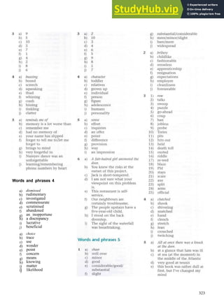 W O R D S AND P H R A S E S A N S W E R S
Words and phrases 4
a)
b)
c)
d)
e)
f)
g)
h)
i)
j)
a)
b)
c)
d)
e)
f)
g)
h)
i)
i)
dismissed
rudimentary
investigated
commensurate
scrutinised
abandoned
an inopportune
a discrepancy
lucrative
beneficial
choice
trace
use
wonder
point
concern
means
knowing
matter
likelihood
323
 