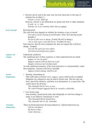 G R A M M A R 9 UNREAL TIME AND S U B J U N C T I V E S
As if, as though
Suppose and
imagine
Formal
Subjunctives
Formulaic
Subjunctives
• I'd prefer can be used in the same way, but note that prefer in this type of
sentence has an object it.
I'd prefer it if you didn't go.
However, I'd prefer is not followed by an unreal verb form in other situations.
I'd prefer tea to coffee.
I'd prefer you to go swimming (rather than go jogging).
Real and unreal
The verb form here depends on whether the situation is true or unreal.
You look as ifyou're having second thoughts. (True. He is having second
thoughts.)
He acts as ifhe were in charge. (Unreal. He isn't in charge.)
/ feel as if an express train had hit me. (It didn't hit me.)
Note however, that the more colloquial like does not require this verb form
change. Compare:
You look like you've just seen a ghost
You look as ifyou'd just seen a ghost.
Understood conditions
The conditional part of these sentences is often understood but not stated.
Imagine we won the pools!
Suppose someone told you that I was a spy!
Imagine we'd never met! (we have met)
As with conditional sentences, if the event referred to is a real possibility, rather
than imaginary, a present verb form is possible:
Suppose it starts raining, what'll we do?
• Insisting, demanding etc
After verbs such as demand, insist, suggest, require which involve an implied
obligation, the subjunctive may be used in formal style. This has only one
form, that of the infinitive, and there is no third person ­5, or past form. The
verb be has be for all forms.
They demanded that he leave at once.
The school Principal suggested that he be awarded a scholarship.
• Less formal usage
Less formally, should can be used, and colloquially no verb form change is
made, or an infinitive construction is used.
They demanded that he should leave.
They demanded that he left, (informal)
These are fixed expressions all using subjunctive. Typical expressions are:
God save the Queen!
Be that as it may ...
Come what may ...
55
 