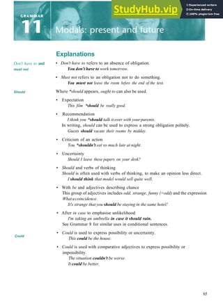 Explanations
Don't have to and
must not
Should
Could
• Don't have to refers to an absence of obligation.
You don't have to work tomorrow.
• Must not refers to an obligation not to do something.
You must not leave the room before the end of the test.
Where *should appears, ought to can also be used.
• Expectation
This film *should be really good.
• Recommendation
I think you *should talk it over with your parents.
In writing, should can be used to express a strong obligation politely.
Guests should vacate their rooms by midday.
• Criticism of an action
You *shouldn't eat so much late at night.
• Uncertainty
Should I leave these papers on your desk?
• Should and verbs of thinking
Should is often used with verbs of thinking, to make an opinion less direct.
I should think that model would sell quite well.
• With be and adjectives describing chance
This group of adjectives includes odd, strange, funny (=odd) and the expression
Whatacoincidence.
It's strange that you should be staying in the same hotel!
• After in case to emphasise unlikelihood
I'm taking an umbrella in case it should rain.
See Grammar 8 for similar uses in conditional sentences.
• Could is used to express possibility or uncertainty.
This could be the house.
• Could is used with comparative adjectives to express possibility or
impossibility.
The situation couldn't be worse.
It could be better.
65
 