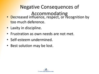 Negative Consequences of
Accommodating
• Decreased influence, respect, or recognition by
too much deference.
• Laxity in d...