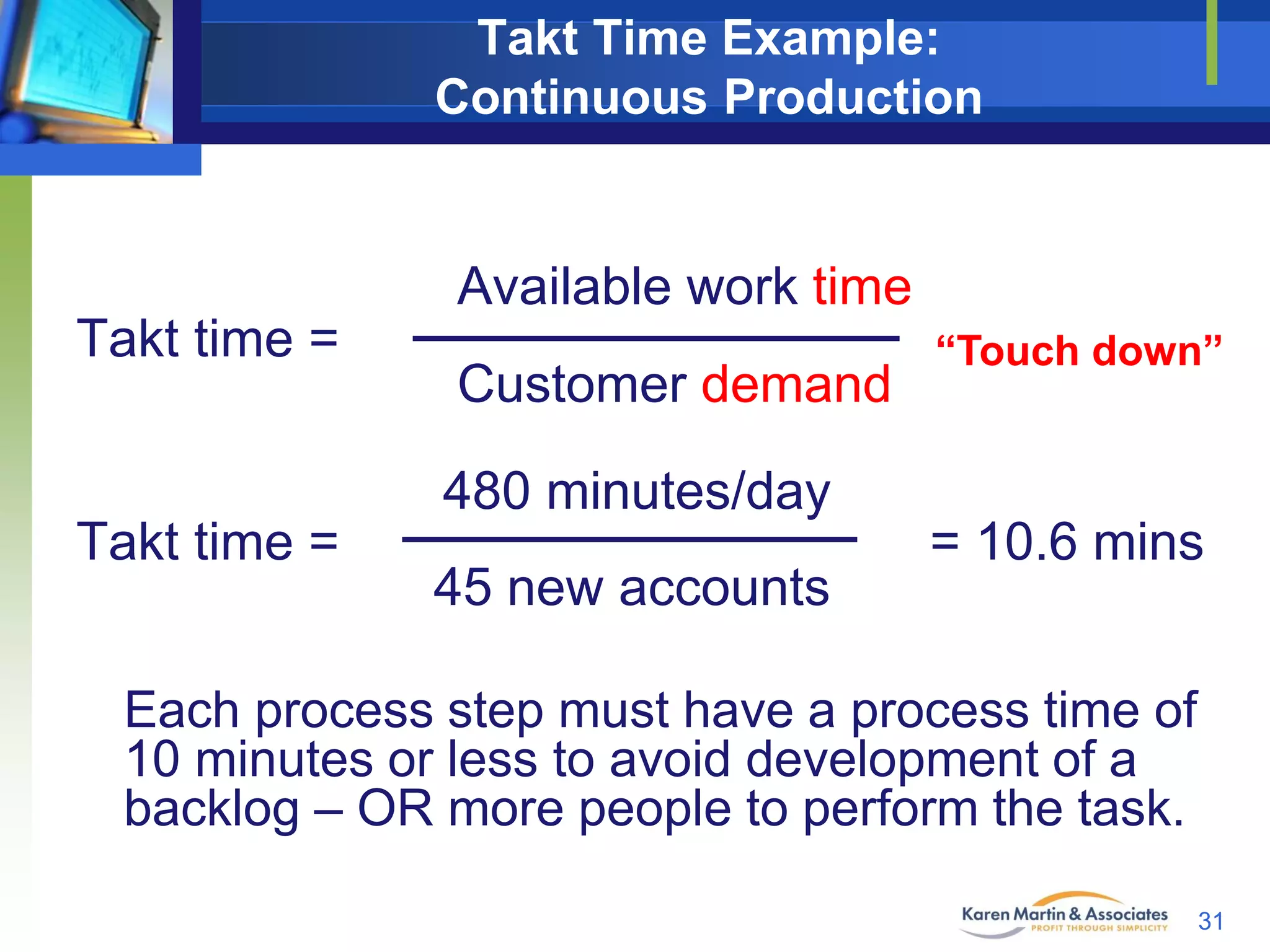 Takt Time Example:
Continuous Production

Available work time
Takt time =

Customer demand

“Touch down”

480 minutes/day
Takt time =

45 new accounts

= 10.6 mins

Each process step must have a process time of
10 minutes or less to avoid development of a
backlog – OR more people to perform the task.
31

 