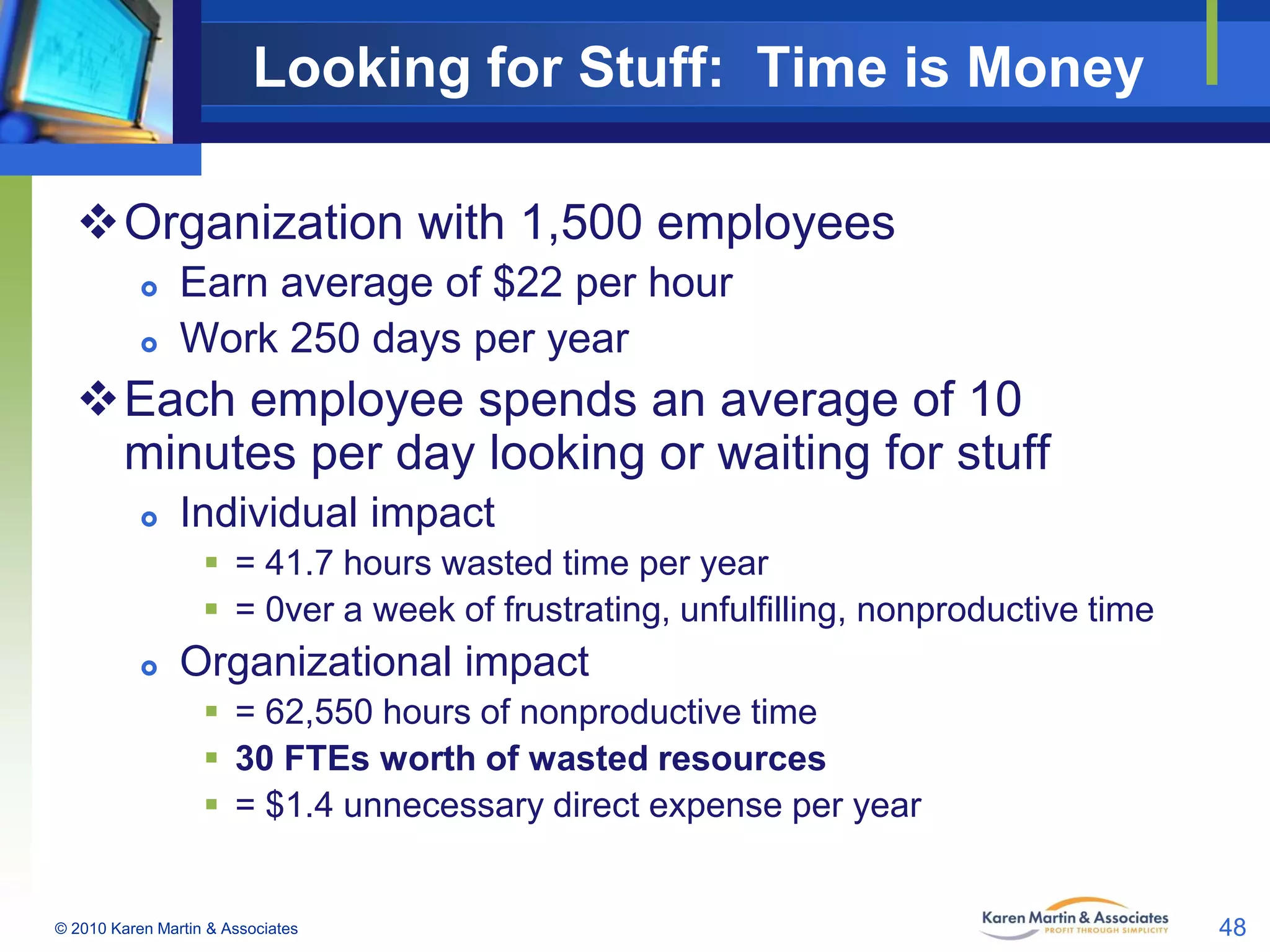 Looking for Stuff: Time is Money
Organization with 1,500 employees



Earn average of $22 per hour
Work 250 days per year

Each employee spends an average of 10
minutes per day looking or waiting for stuff


Individual impact
 = 41.7 hours wasted time per year
 = 0ver a week of frustrating, unfulfilling, nonproductive time



Organizational impact
 = 62,550 hours of nonproductive time
 30 FTEs worth of wasted resources
 = $1.4 unnecessary direct expense per year

© 2010 Karen Martin & Associates

48

 