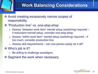 Work Balancing Considerations
 Avoid creating excessively narrow scopes of
responsibility.
 “Production line” vs. one-stop-shop






Assess “between work item” mental setup (switching) required –
if redundant mental setup, consider one-stop-shop
Assess “within work item” mental setup (switching) required – if
too much, consider production line
Assess skill requirements – can one person easily do it all?

 Who’s job is it?


Be willing to challenge paradigms

 Segment the work when necessary

© 2010 Karen Martin & Associates

33

 