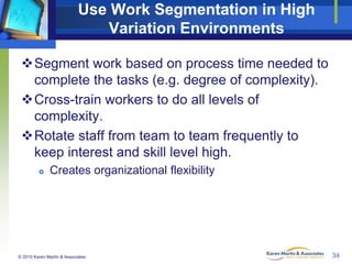 Use Work Segmentation in High
Variation Environments
Segment work based on process time needed to
complete the tasks (e.g. degree of complexity).
Cross-train workers to do all levels of
complexity.
Rotate staff from team to team frequently to
keep interest and skill level high.


Creates organizational flexibility

© 2010 Karen Martin & Associates

34

 