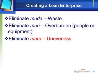 Creating a Lean Enterprise

Eliminate muda – Waste
Eliminate muri – Overburden (people or
equipment)
Eliminate mura – Uneveness

36

 