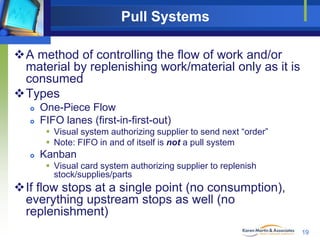 Pull Systems
A method of controlling the flow of work and/or
material by replenishing work/material only as it is
consume...