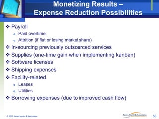 Monetizing Results –
Expense Reduction Possibilities
 Payroll



Paid overtime
Attrition (if flat or losing market shar...