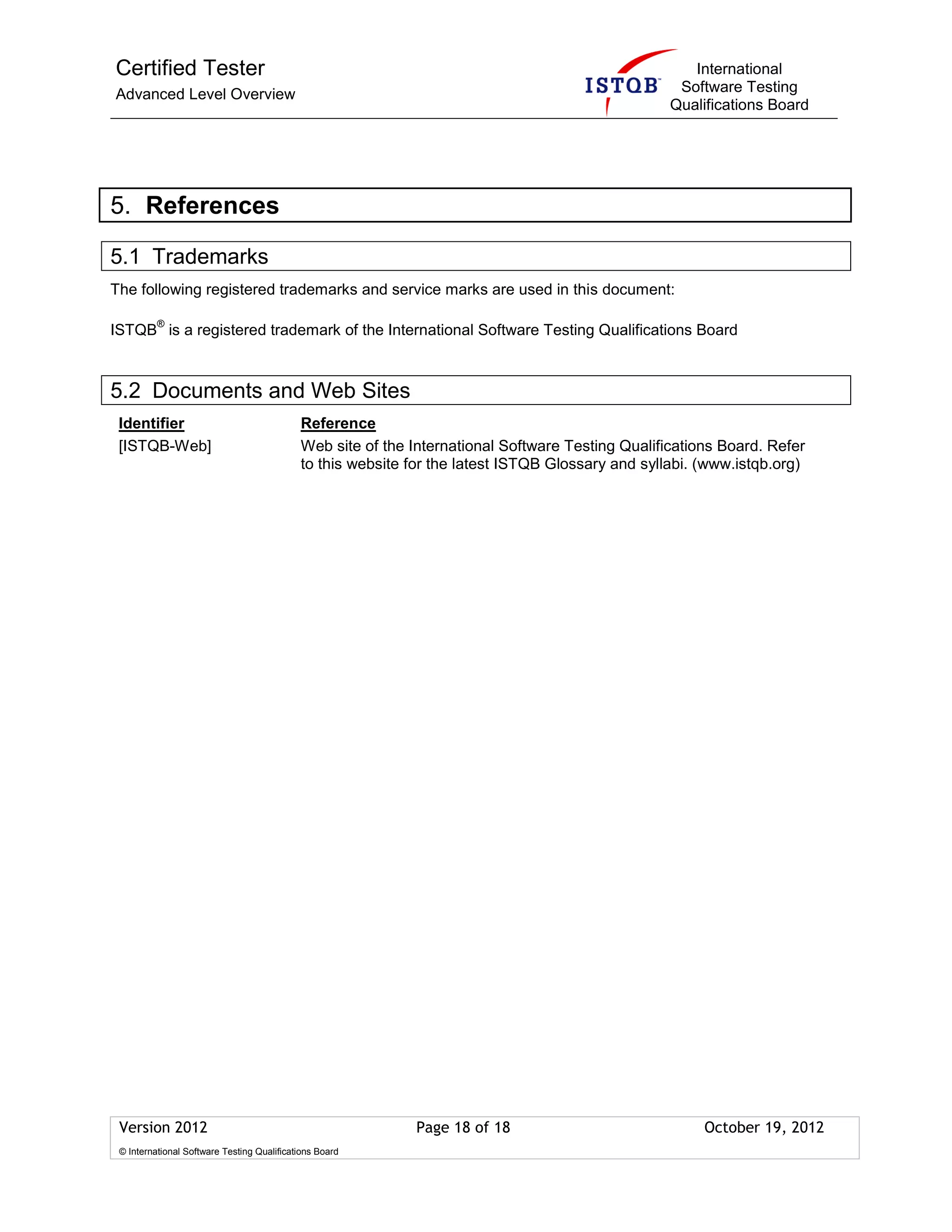 Certified Tester
Advanced Level Overview
International
Software Testing
Qualifications Board
Version 2012 Page 18 of 18 October 19, 2012
© International Software Testing Qualifications Board
5. References
5.1 Trademarks
The following registered trademarks and service marks are used in this document:
ISTQB
®
is a registered trademark of the International Software Testing Qualifications Board
5.2 Documents and Web Sites
Identifier Reference
[ISTQB-Web] Web site of the International Software Testing Qualifications Board. Refer
to this website for the latest ISTQB Glossary and syllabi. (www.istqb.org)
 
