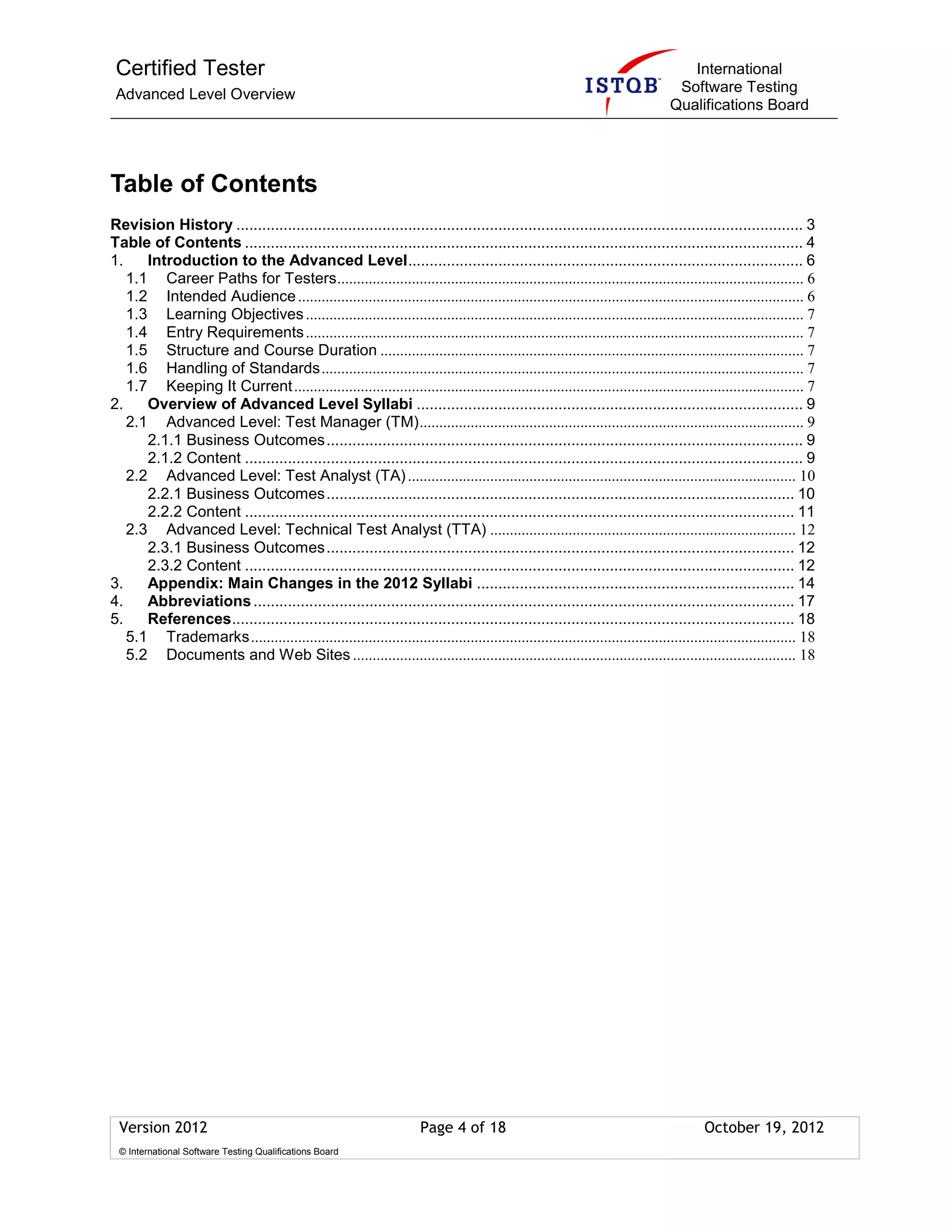 Certified Tester
Advanced Level Overview
International
Software Testing
Qualifications Board
Version 2012 Page 4 of 18 October 19, 2012
© International Software Testing Qualifications Board
Table of Contents
Revision History .................................................................................................................................... 3
Table of Contents .................................................................................................................................. 4
1. Introduction to the Advanced Level............................................................................................ 6
1.1 Career Paths for Testers....................................................................................................................... 6
1.2 Intended Audience................................................................................................................................. 6
1.3 Learning Objectives............................................................................................................................... 7
1.4 Entry Requirements............................................................................................................................... 7
1.5 Structure and Course Duration ............................................................................................................ 7
1.6 Handling of Standards........................................................................................................................... 7
1.7 Keeping It Current.................................................................................................................................. 7
2. Overview of Advanced Level Syllabi .......................................................................................... 9
2.1 Advanced Level: Test Manager (TM).................................................................................................. 9
2.1.1 Business Outcomes............................................................................................................... 9
2.1.2 Content .................................................................................................................................. 9
2.2 Advanced Level: Test Analyst (TA)................................................................................................... 10
2.2.1 Business Outcomes............................................................................................................. 10
2.2.2 Content ................................................................................................................................ 11
2.3 Advanced Level: Technical Test Analyst (TTA) .............................................................................. 12
2.3.1 Business Outcomes............................................................................................................. 12
2.3.2 Content ................................................................................................................................ 12
3. Appendix: Main Changes in the 2012 Syllabi .......................................................................... 14
4. Abbreviations.............................................................................................................................. 17
5. References................................................................................................................................... 18
5.1 Trademarks........................................................................................................................................... 18
5.2 Documents and Web Sites ................................................................................................................. 18
 