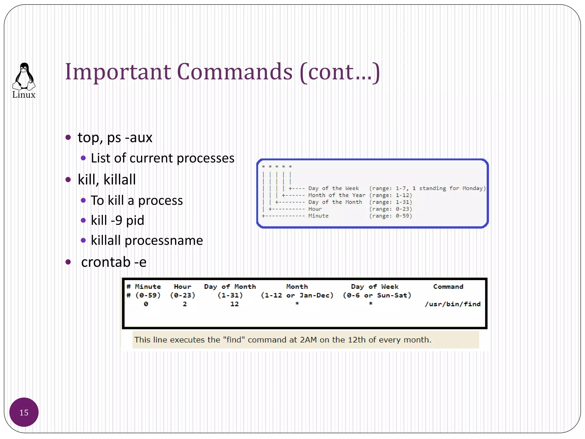 Important Commands (cont…)
 top, ps -aux
 List of current processes
 kill, killall
 To kill a process
 kill -9 pid
 killall processname
 crontab -e
15
 