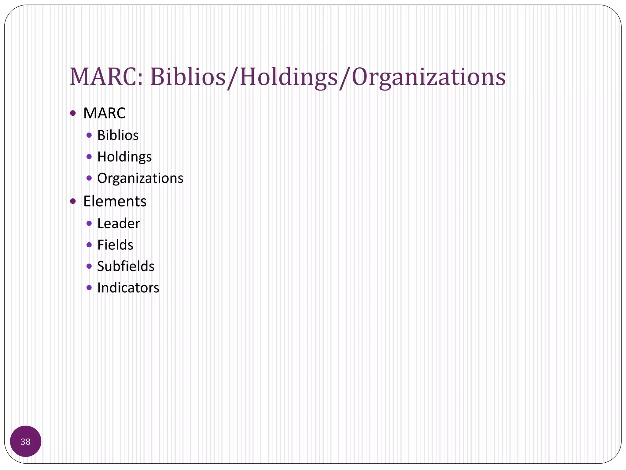 MARC: Biblios/Holdings/Organizations
 MARC
 Biblios
 Holdings
 Organizations
 Elements
 Leader
 Fields
 Subfields
 Indicators
38
 