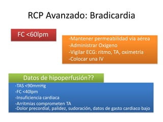 RCP Avanzado: Bradicardia
FC <60lpm
-Mantener permeabilidad vía aérea
-Administrar Oxigeno
-Vigilar ECG: ritmo, TA, oximetría
-Colocar una IV
Datos de hipoperfusión??
-TAS <90mmHg
-FC <40lpm
-Insuficiencia cardiaca
-Arritmias comprometen TA
-Dolor precordial, palidez, sudoración, datos de gasto cardiaco bajo
 