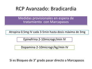 RCP Avanzado: Bradicardia
Medidas provisionales en espera de
tratamiento con Marcapasos
Atropina 0.5mg IV cada 3-5min hasta dosis máxima de 3mg
Epinefrina 2-10microgr/min IV
Dopamina 2-10microgr/kg/min IV
Si es Bloqueo de 3° grado pasar directo a Marcapasos
 