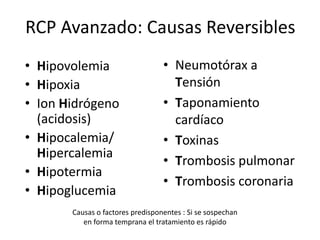 RCP Avanzado: Causas Reversibles
• Neumotórax a
Tensión
• Taponamiento
cardíaco
• Toxinas
• Trombosis pulmonar
• Trombosis coronaria
• Hipovolemia
• Hipoxia
• Ion Hidrógeno
(acidosis)
• Hipocalemia/
Hipercalemia
• Hipotermia
• Hipoglucemia
Causas o factores predisponentes : Si se sospechan
en forma temprana el tratamiento es rápido
 