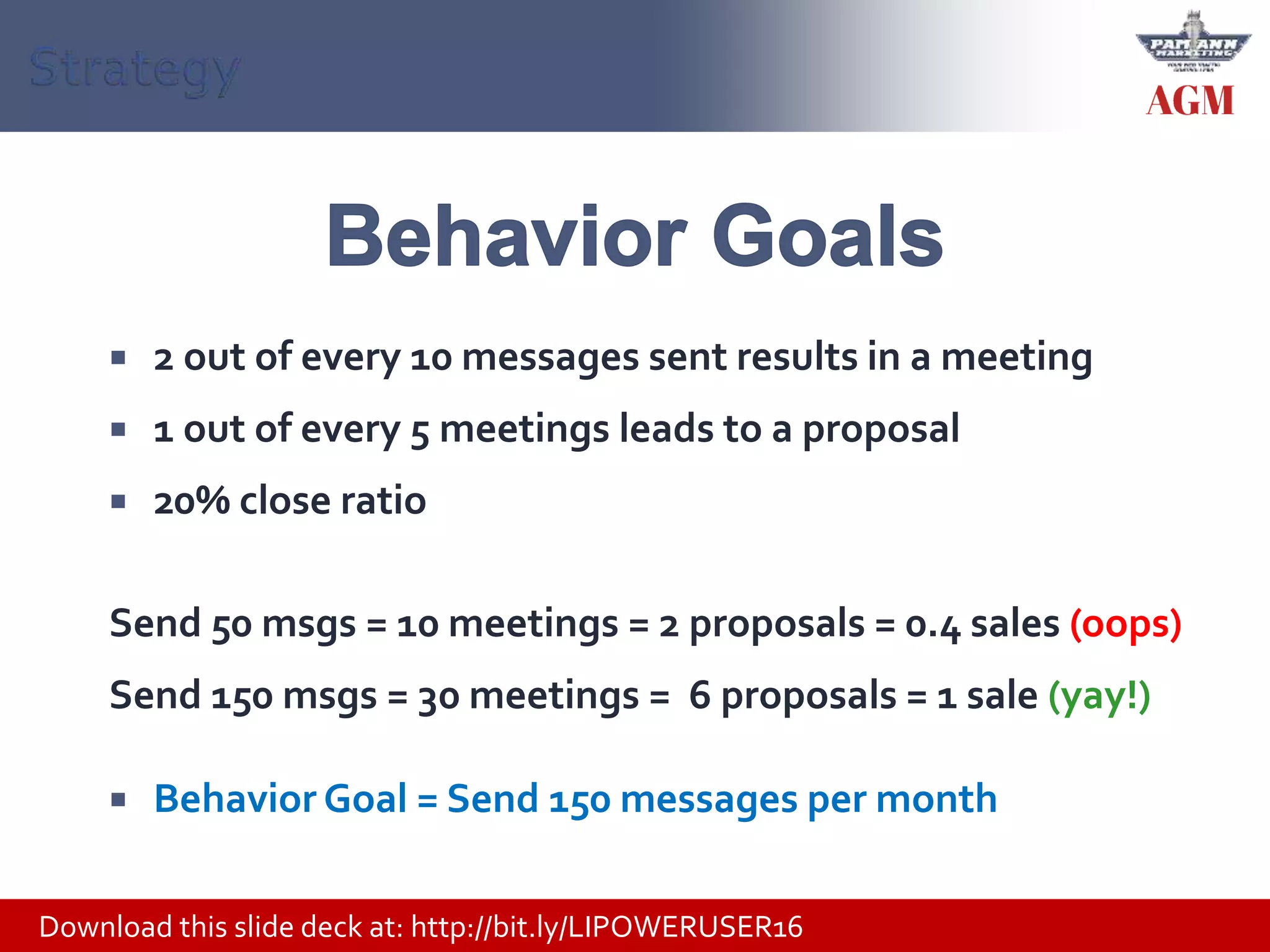 Download this slide deck at: http://bit.ly/LIPOWERUSER16
 2 out of every 10 messages sent results in a meeting
 1 out of every 5 meetings leads to a proposal
 20% close ratio
Send 50 msgs = 10 meetings = 2 proposals = 0.4 sales (oops)
Send 150 msgs = 30 meetings = 6 proposals = 1 sale (yay!)
 Behavior Goal = Send 150 messages per month
 