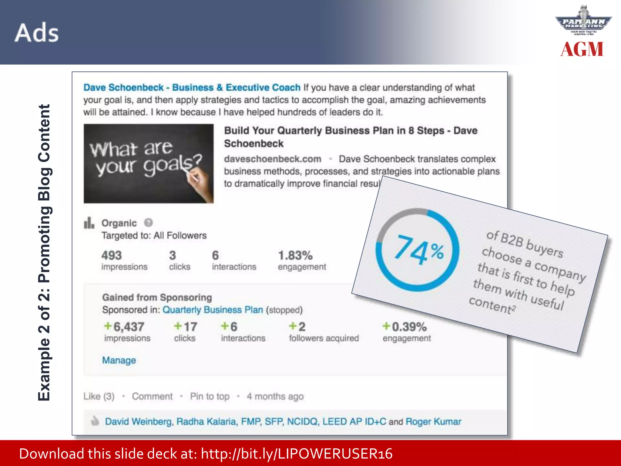 Download this slide deck at: http://bit.ly/LIPOWERUSER16
Example2of2:PromotingBlogContent
 