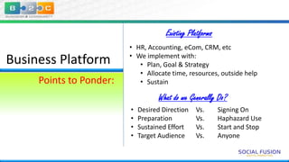 Existing Platforms

Business Platform
Points to Ponder:

• HR, Accounting, eCom, CRM, etc
• We implement with:
• Plan, Goal & Strategy
• Allocate time, resources, outside help
• Sustain

What do we Generally Do?
•
•
•
•

Desired Direction
Preparation
Sustained Effort
Target Audience

Vs.
Vs.
Vs.
Vs.

Signing On
Haphazard Use
Start and Stop
Anyone

 