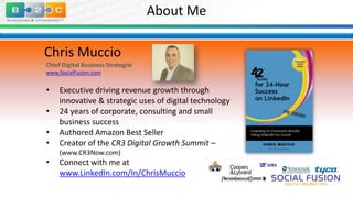 About Me
Chris Muccio
Chief Digital Business Strategist
www.SocialFusion.com

•
•
•
•

Executive driving revenue growth through
innovative & strategic uses of digital technology
24 years of corporate, consulting and small
business success
Authored Amazon Best Seller
Creator of the CR3 Digital Growth Summit –
(www.CR3Now.com)

•

Connect with me at
www.LinkedIn.com/In/ChrisMuccio

 