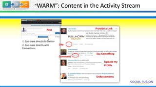“WARM”: Content in the Activity Stream

Provide a Link

Post

1. Can share directly to Twitter
2. Can share directly with
Connections

Like

Comment

Say Something
Update my
Profile

Endorsements

 