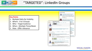 “TARGETED”: LinkedIn Groups

Key Points
1. Multiple Paths for Visibility
2. Where - 3 to 5 Groups
3. Who – Target Audience
4. When – Multiple Times/Week
5. How – Offer relevance

 