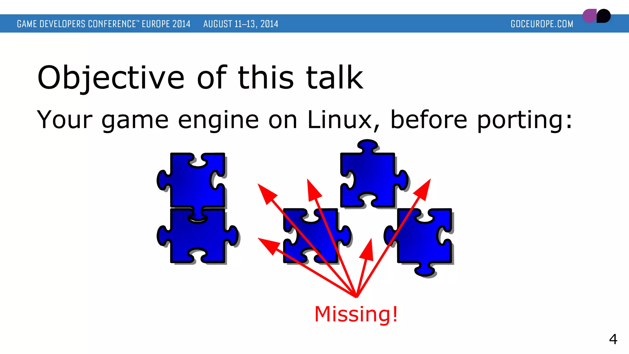 Objective of this talk
Your game engine on Linux, before porting:
4
Missing!
 