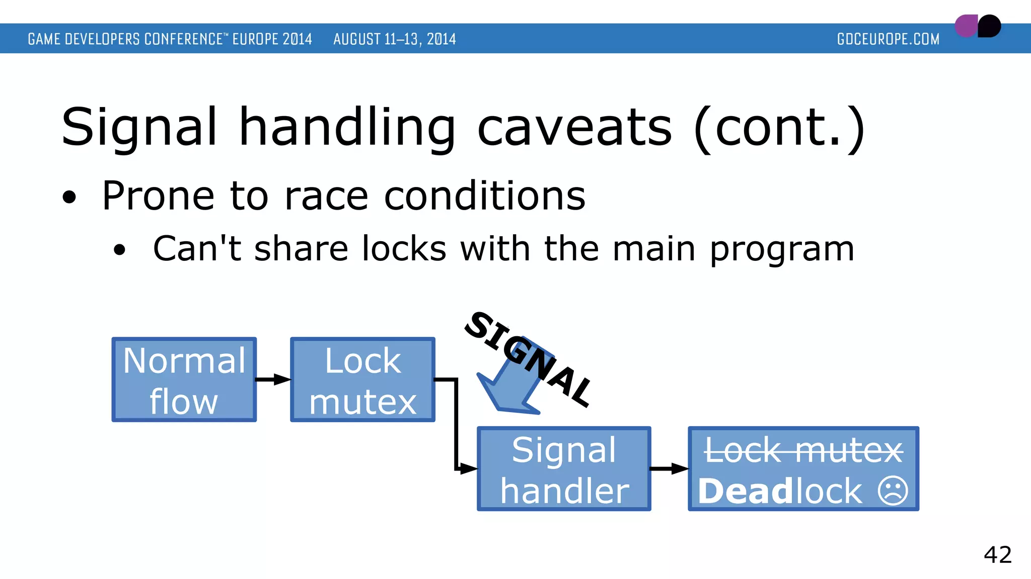 Signal handling caveats (cont.)
● Prone to race conditions
● Can't share locks with the main program
42
Lock
mutex
Lock mutex
Deadlock ☹
Signal
handler
SIGNAL
Normal
flow
 