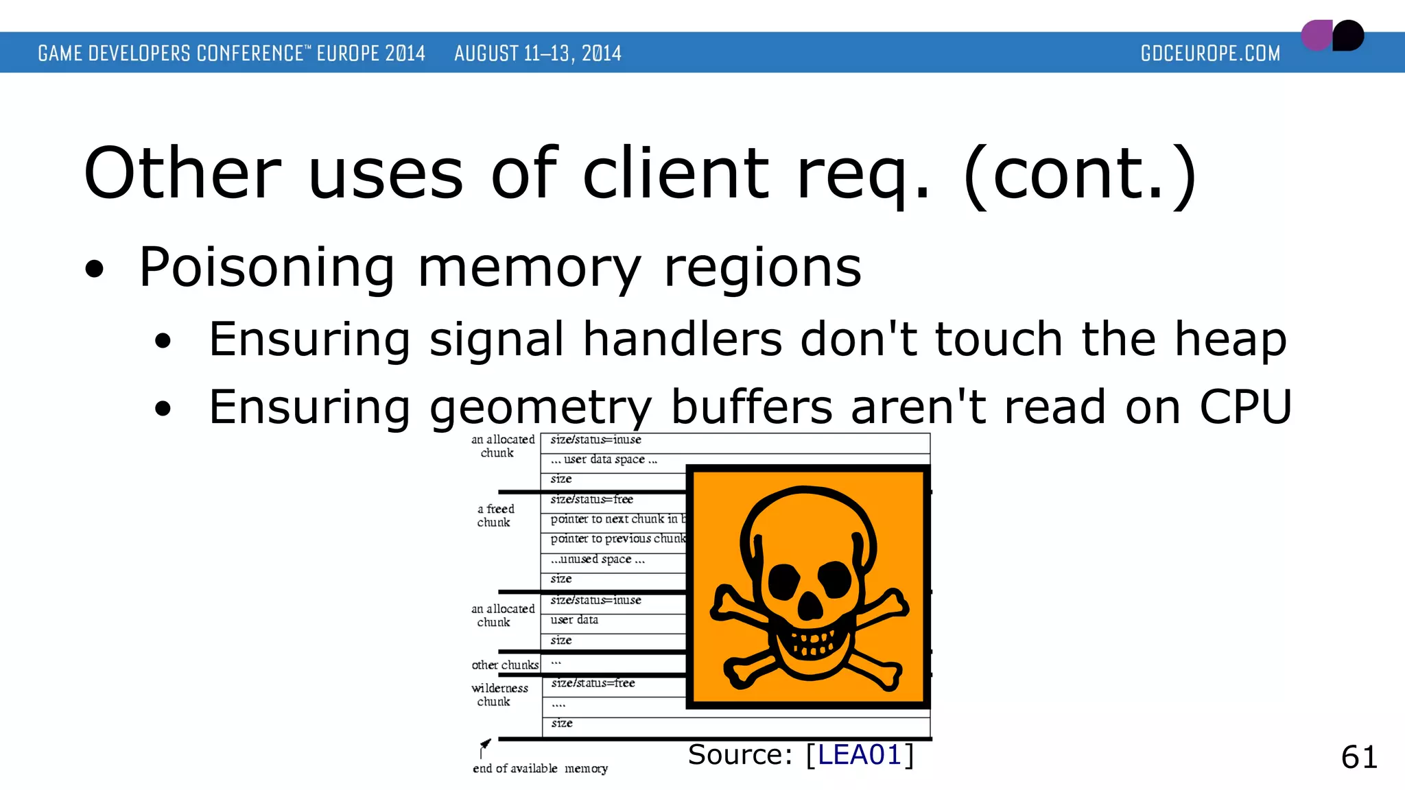 Other uses of client req. (cont.)
● Poisoning memory regions
● Ensuring signal handlers don't touch the heap
● Ensuring geometry buffers aren't read on CPU
61Source: [LEA01]
 