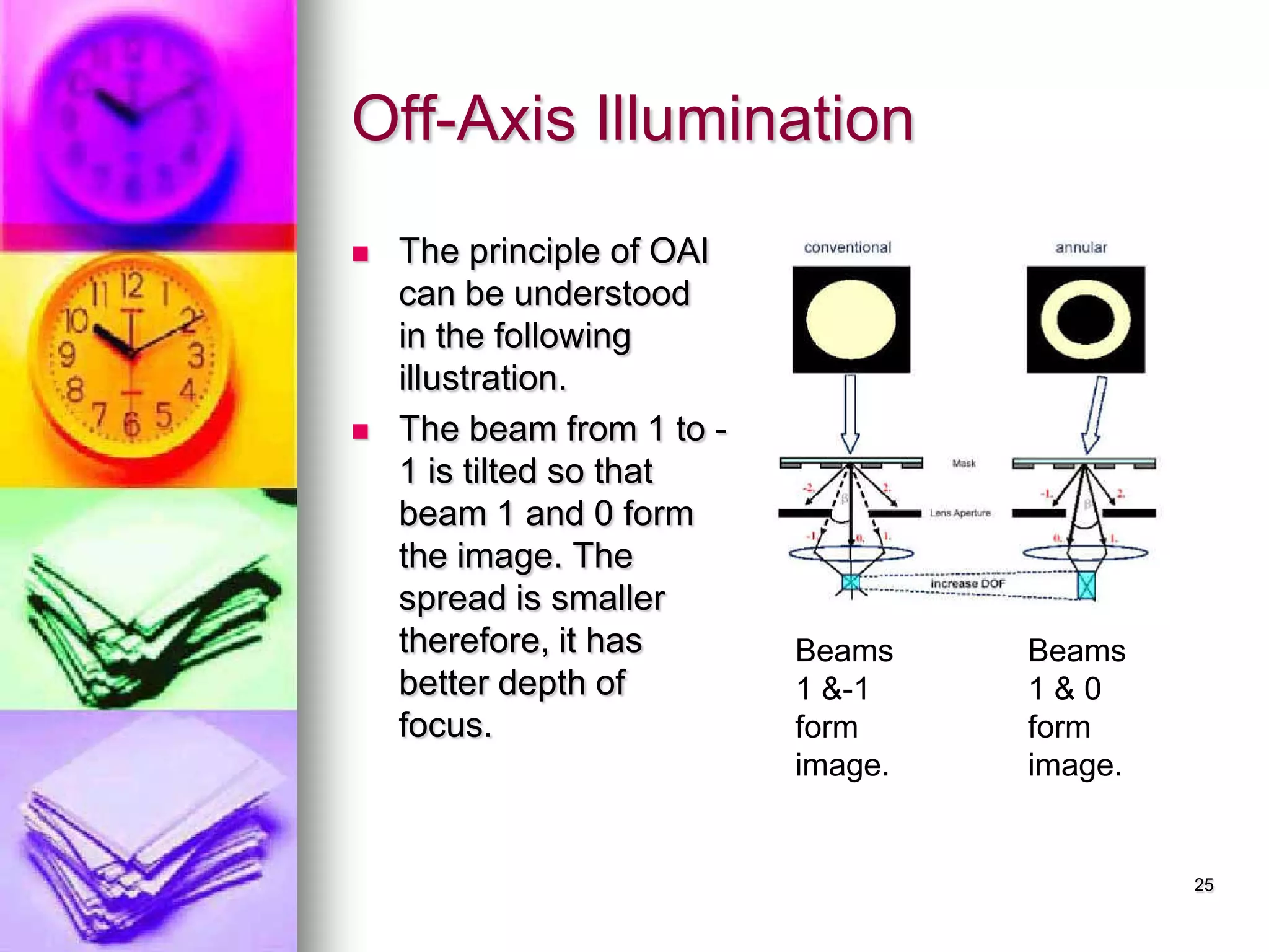 Off-Axis Illumination
 The principle of OAI
can be understood
in the following
illustration.
 The beam from 1 to -
1 is tilted so that
beam 1 and 0 form
the image. The
spread is smaller
therefore, it has
better depth of
focus.
25
Beams
1 &-1
form
image.
Beams
1 & 0
form
image.
 