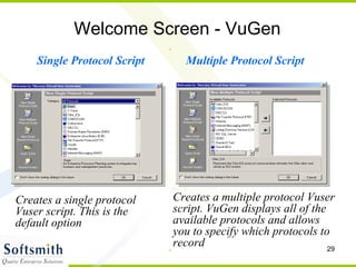 Welcome Screen - VuGen Single Protocol Script Multiple Protocol Script Creates a single protocol Vuser script. This is the default option  Creates a multiple protocol Vuser script. VuGen displays all of the available protocols and allows you to specify which protocols to record  