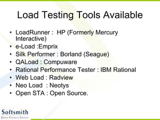 Load Testing Tools Available LoadRunner :  HP (Formerly Mercury Interactive) e-Load :Emprix Silk Performer : Borland (Seague) QALoad : Compuware Rational Performance Tester : IBM Rational Web Load : Radview Neo Load  : Neotys  Open STA : Open Source. 