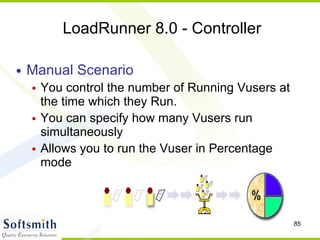 LoadRunner 8.0 - Controller Manual Scenario You control the number of Running Vusers at the time which they Run. You can specify how many Vusers run simultaneously Allows you to run the Vuser in Percentage mode 