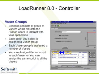 LoadRunner 8.0 - Controller Vuser Groups Scenario consists of group of Vusers which emulate the Human users to interact with your application Each script you select is assigned a Vuser group Each Vuser group is assigned a number of Vusers You can Assign different script to each Vuser or You can assign the same script to all the Vusers 
