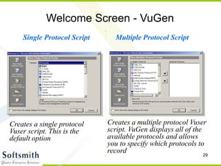 29
Welcome Screen - VuGen
Single Protocol Script Multiple Protocol Script
Creates a single protocol
Vuser script. This is the
default option
Creates a multiple protocol Vuser
script. VuGen displays all of the
available protocols and allows
you to specify which protocols to
record
 