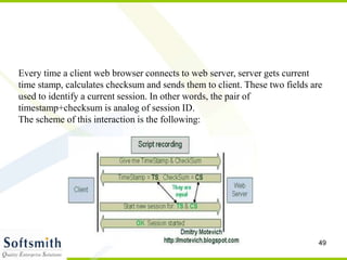 49
Every time a client web browser connects to web server, server gets current
time stamp, calculates checksum and sends them to client. These two fields are
used to identify a current session. In other words, the pair of
timestamp+checksum is analog of session ID.
The scheme of this interaction is the following:
 
