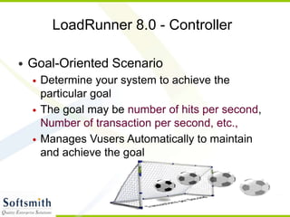 86
LoadRunner 8.0 - Controller
• Goal-Oriented Scenario
• Determine your system to achieve the
particular goal
• The goal may be number of hits per second,
Number of transaction per second, etc.,
• Manages Vusers Automatically to maintain
and achieve the goal
 
