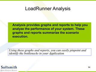94
LoadRunner Analysis
Analysis provides graphs and reports to help you
analyze the performance of your system. These
graphs and reports summarize the scenario
execution.
Using these graphs and reports, you can easily pinpoint and
identify the bottlenecks in your Application
 