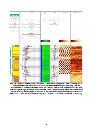 4
Fig 2: Composite plot showing resitivities and borehole images in a water bearing zones.
The presence of thin laminations is well defined with the images, showing also the
occurrences of cemented streaks, often not laterally continuous. These streaks are well
defined by the high definition resistivity-like curve computed from STAR microresistivity
image A sharp invasion profile, in front of the sand beds, is delineated from the lateral
resistivity curves and the invasion depth is computed from the 1D inversion processing.
 