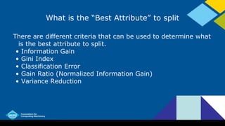 What is the “Best Attribute” to split
There are different criteria that can be used to determine what
is the best attribute to split.
• Information Gain
• Gini Index
• Classification Error
• Gain Ratio (Normalized Information Gain)
• Variance Reduction
 